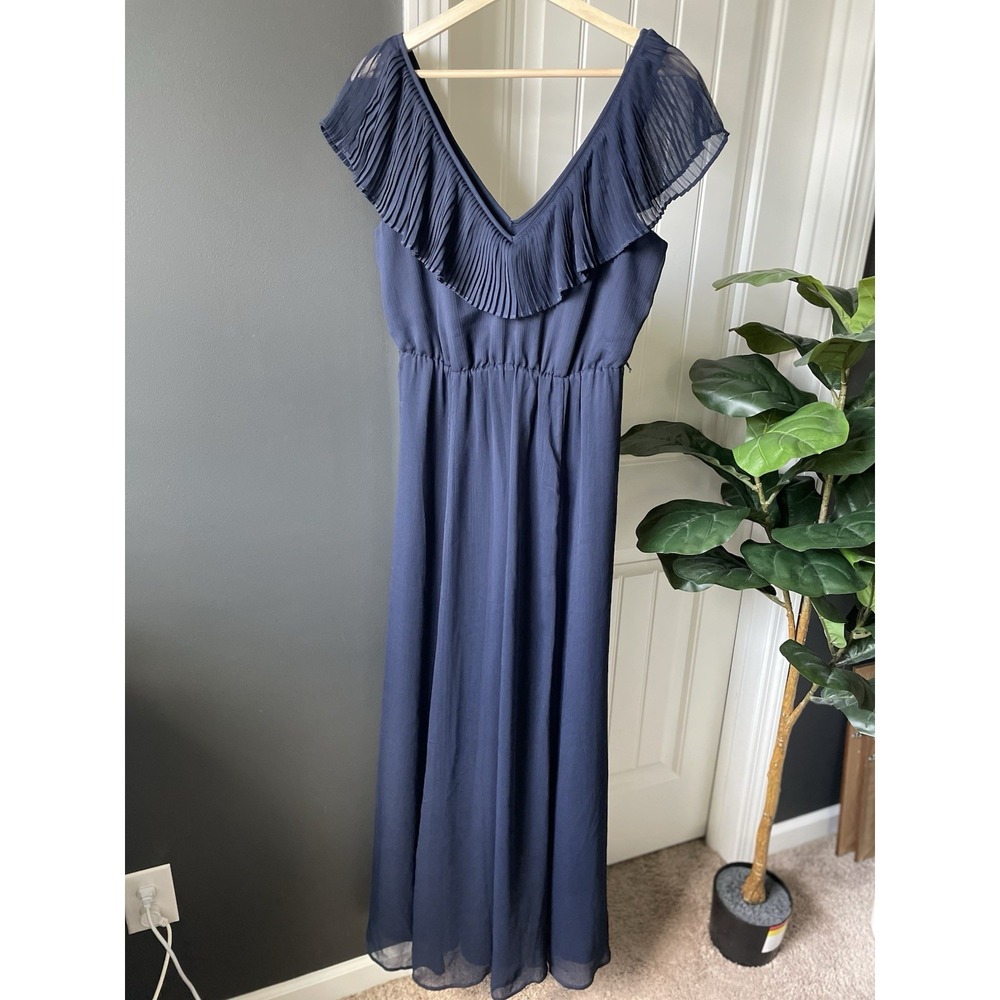 Victoria's Secret Navy Blue Chiffon Maxi Dress S V-Neck Pleated Ruffle